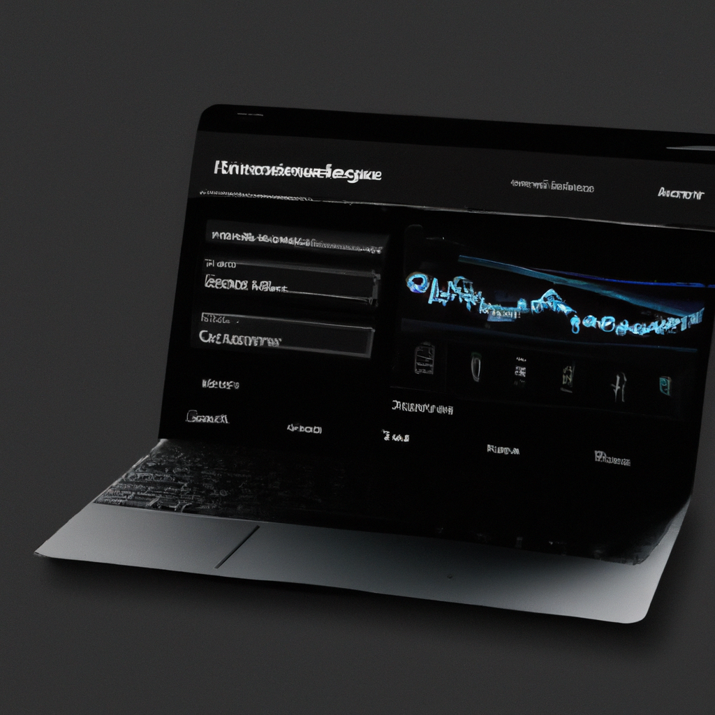 Panel de analítica de medios en un portátil, estilo minimalista y alto contraste